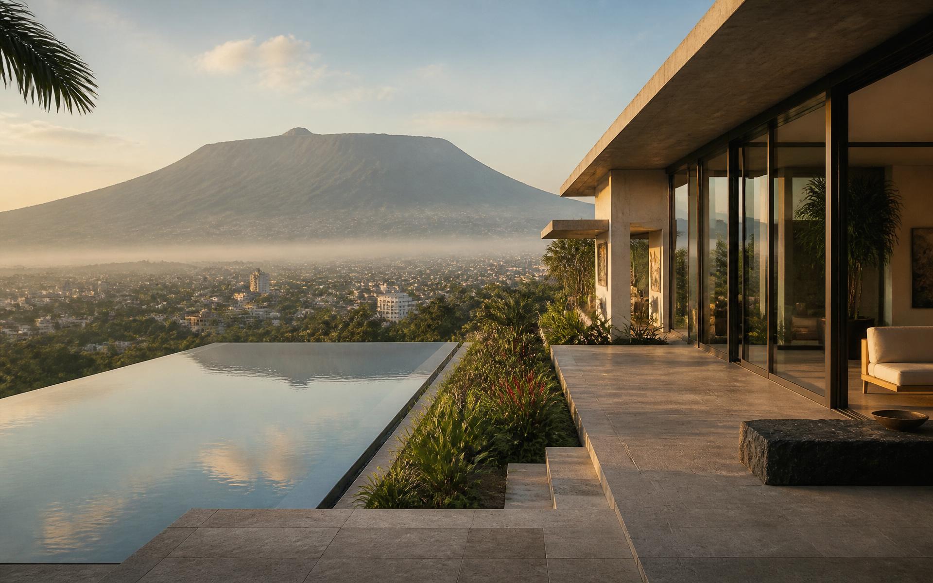 Modern residence terrace overlooking a Salvadoran volcano at dawn